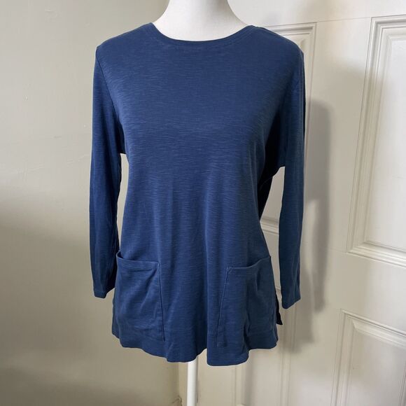 J Jill Top Women's Blue Pima Cotton Two Pocket Tee Crew Neck 3/4 Sleeve Medium - Picture 1 of 9